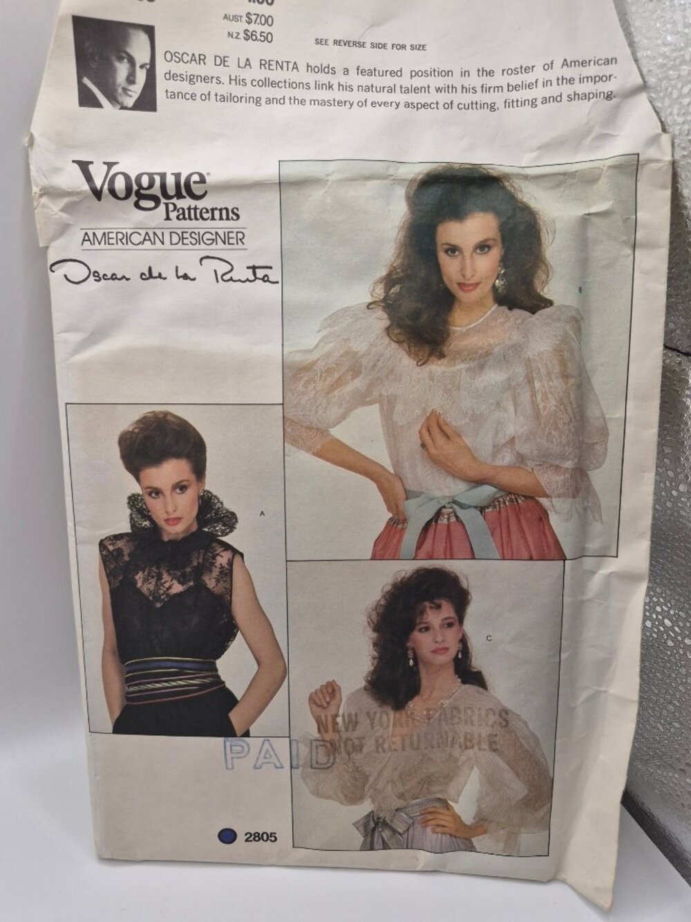 Vogue Patterns 2805 Oscar De La Renta Misses Lace Blouse Camisole  Pattern Size